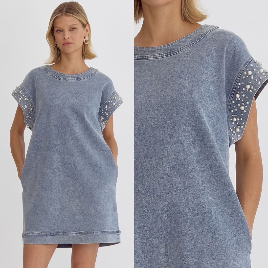 Denim Pearl Sleeve Dress