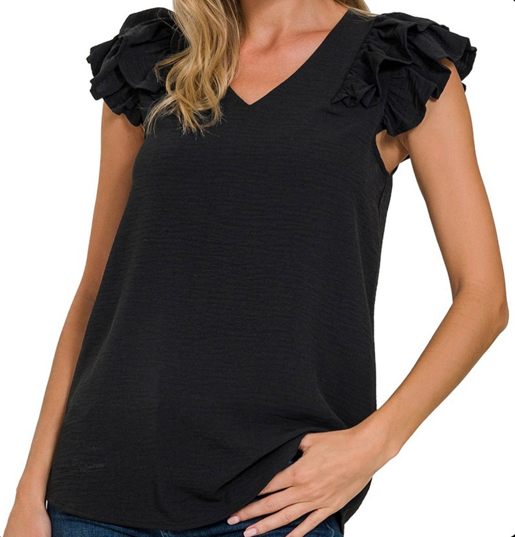 Black Woven Ruffle Sleeve Top