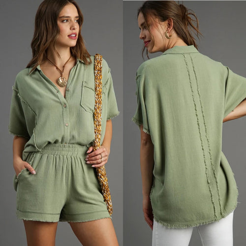 Sage Linen Button Down Top