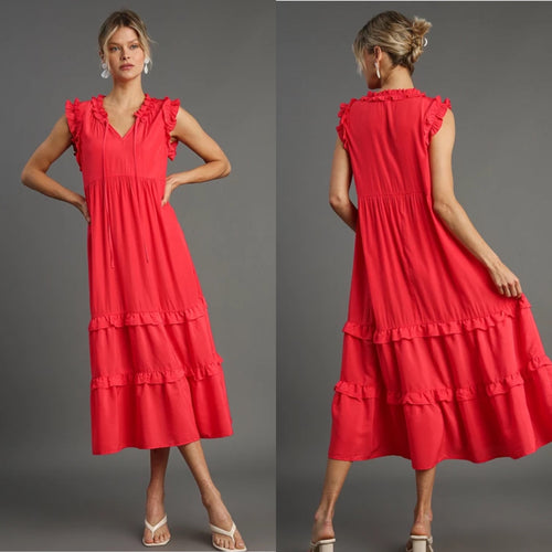 Red Coral Ruffled Midi Dress