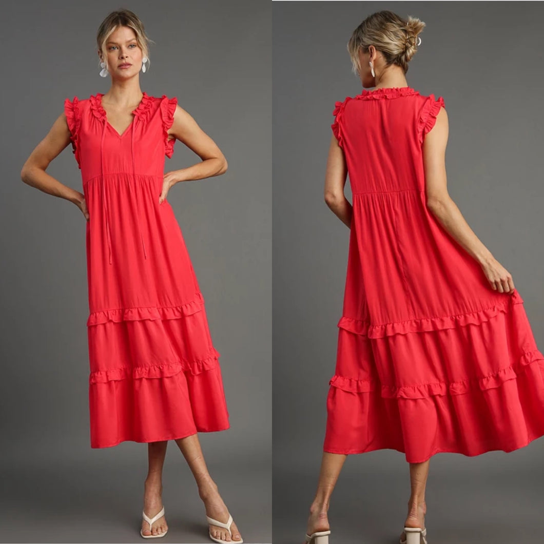 Red Coral Ruffled Midi Dress