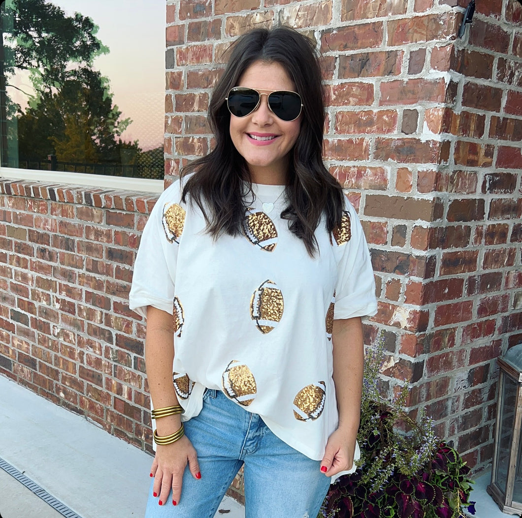 Gold Sequin White Football Tee