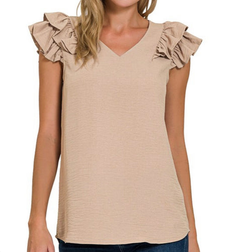 Mocha Woven Ruffle Sleeve Top