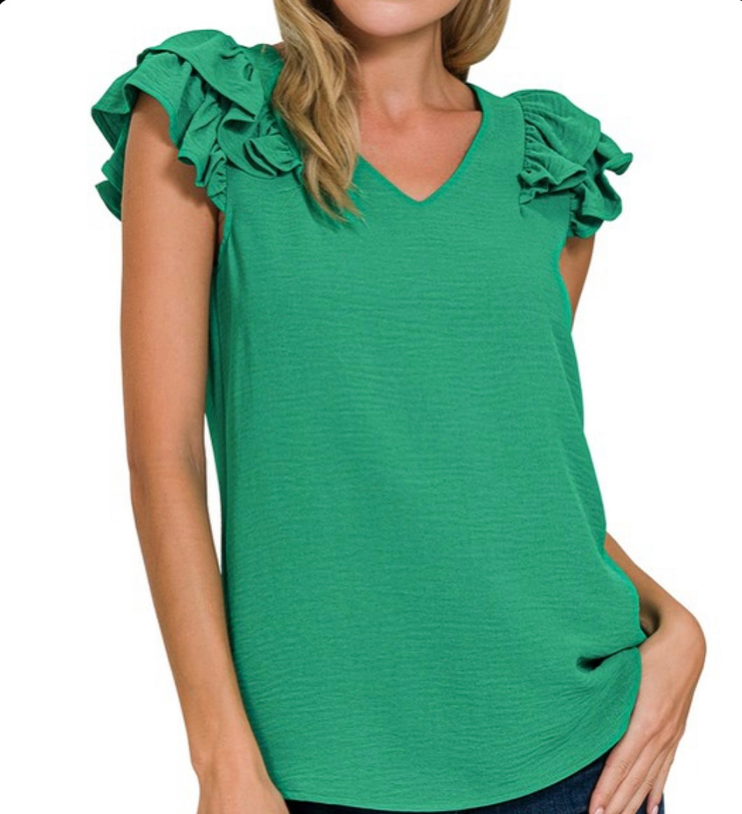 Green Woven Ruffle Sleeve Top