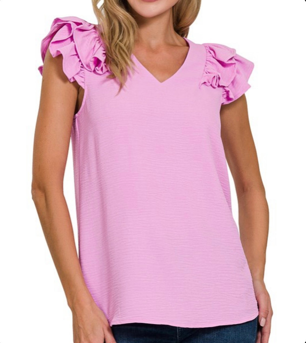 Pink Woven Ruffle Sleeve Top