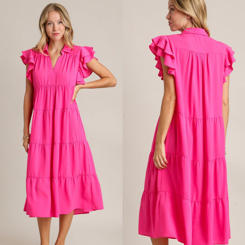 Hot Pink Ruffle Midi Dress