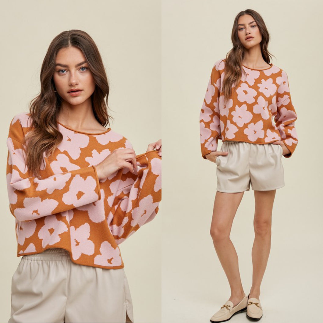 Camel Floral Crop Sweater