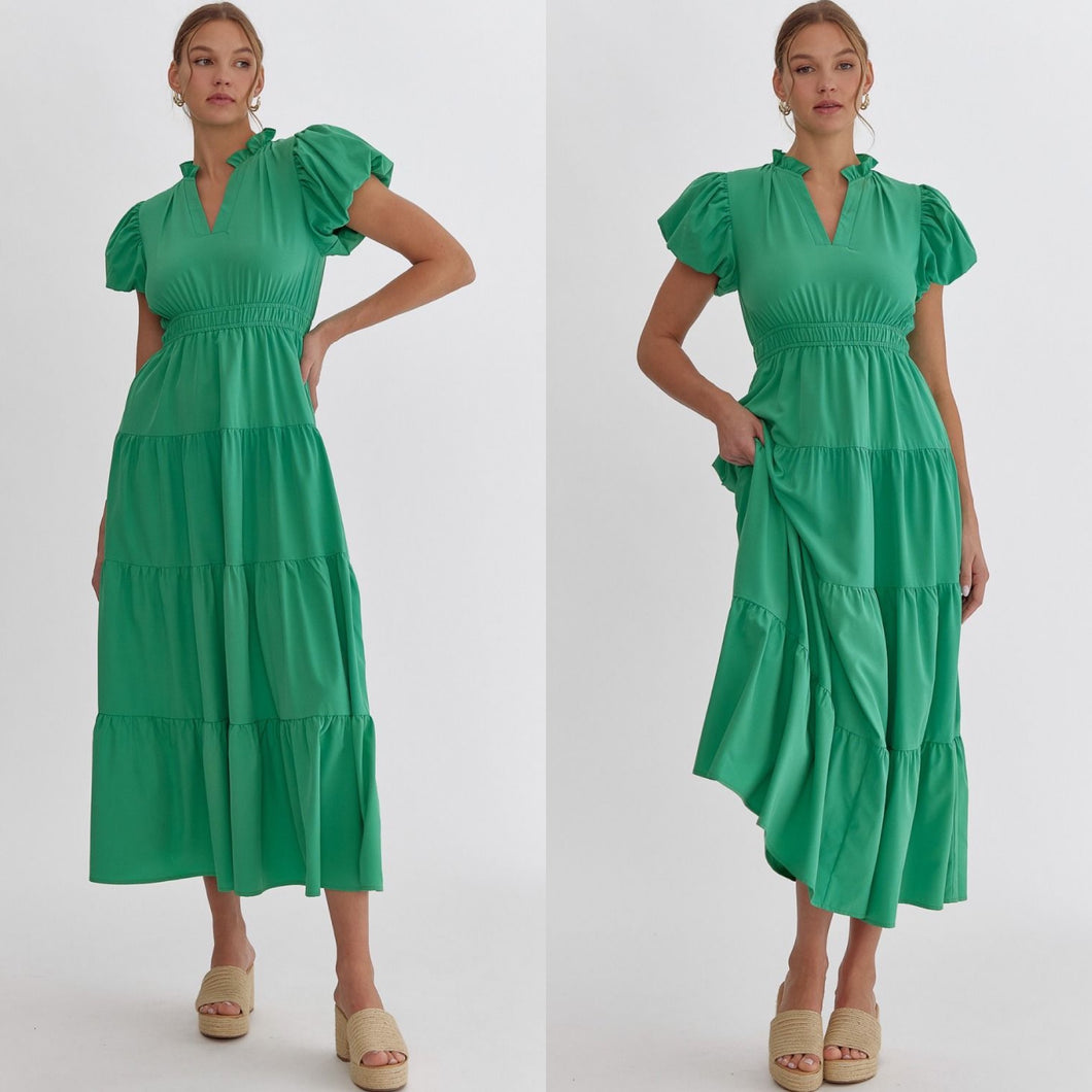 Green Bubble Sleeve Midi Dress