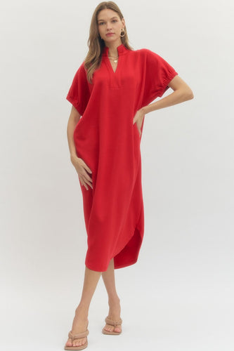 Red V Neck Midi Dress
