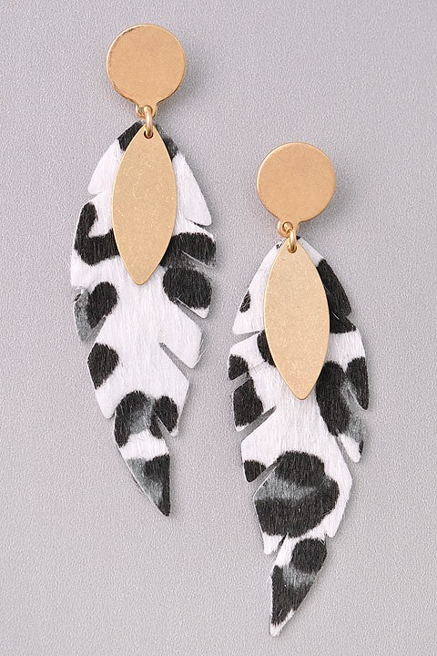 Leaf Statement Earrings-White Leopard