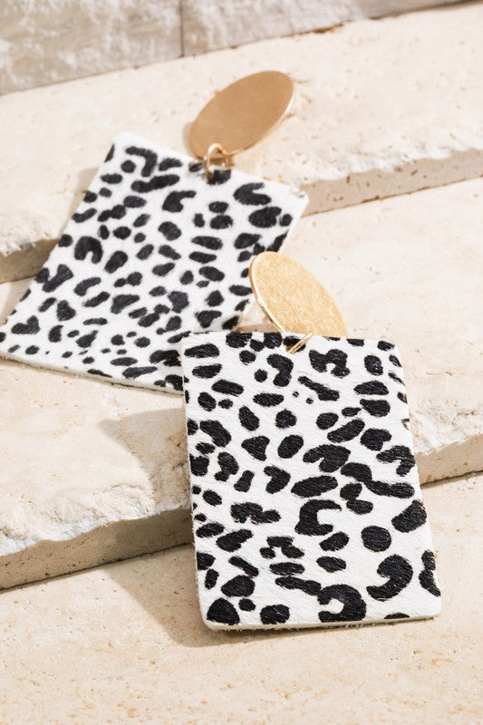 Leather Animal Print Disk Earrings-White