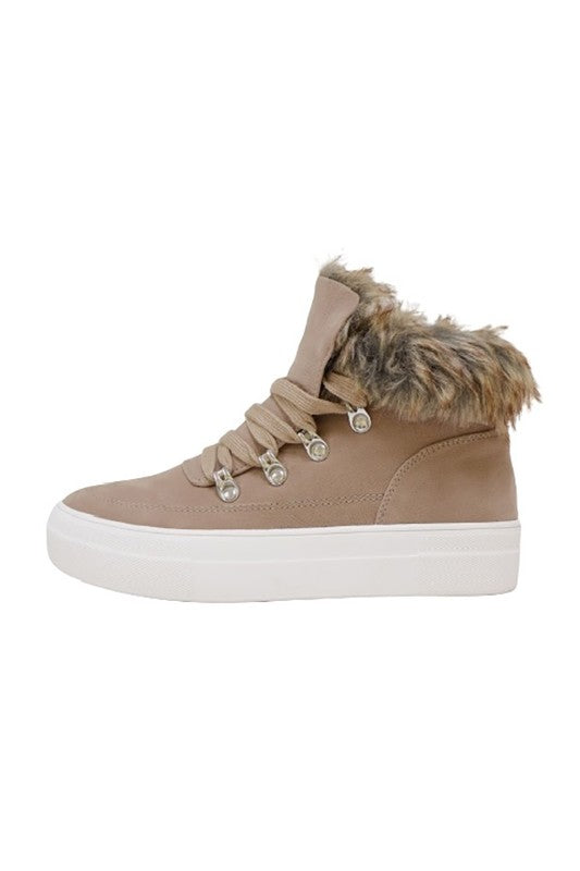 Taupe Lace Up Fur Sneakers