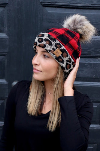 Leopard/Red Plaid Pom Beanie