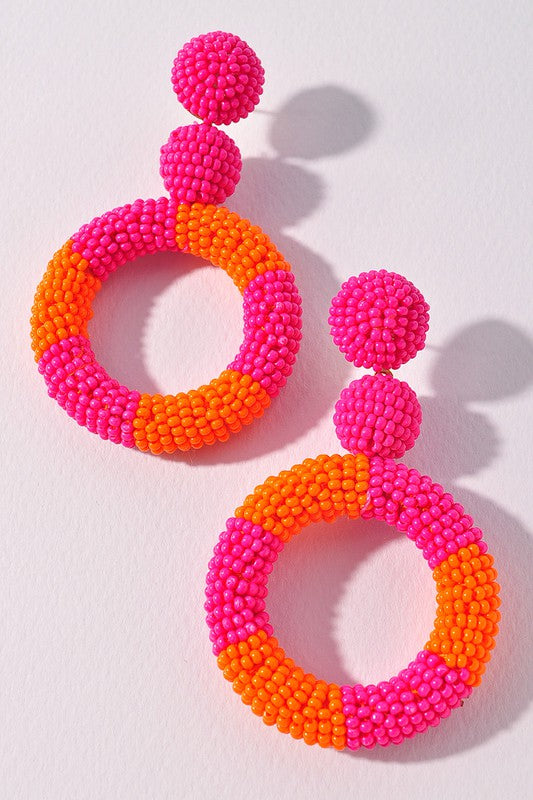 Circle Beaded Dangle Earrings-Fuschia
