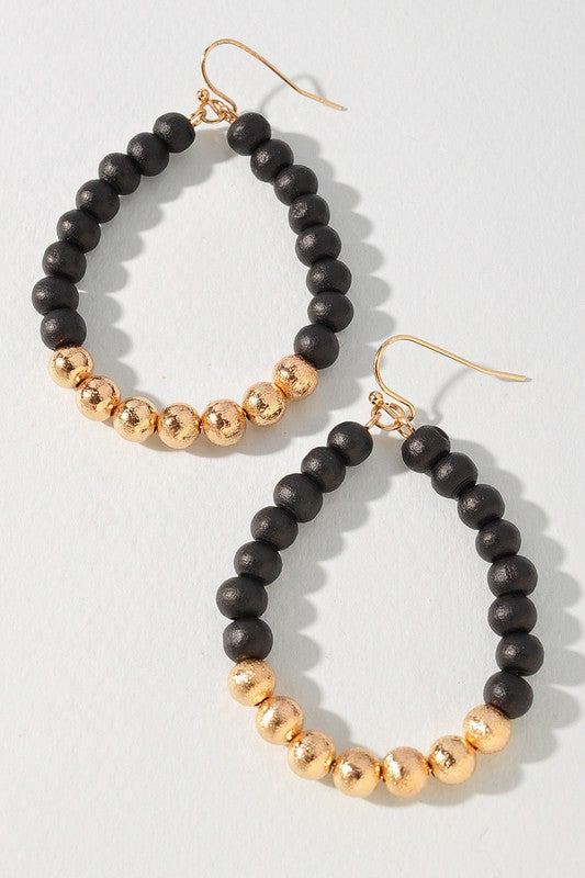 Black Wooded Beaded Drop Earrings