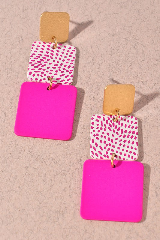 Fuchsia Square 3 Drop Earrings