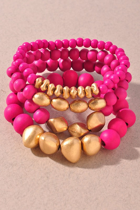 Fuchsia Wood Bead Bracelet Set