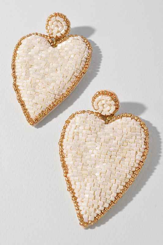 Ivory Beaded Heart Dangle Earrings