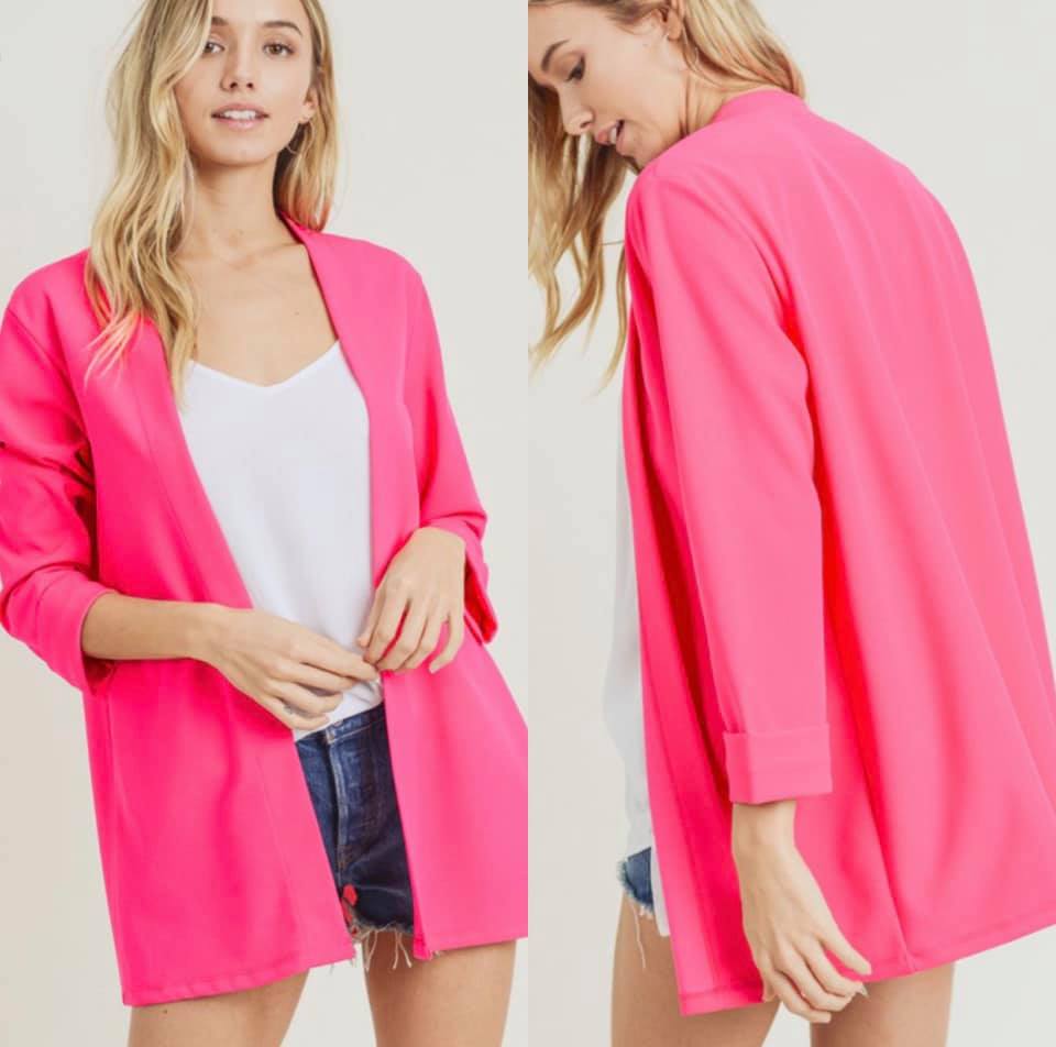 Chic Collarless Blazer-Hot Pink