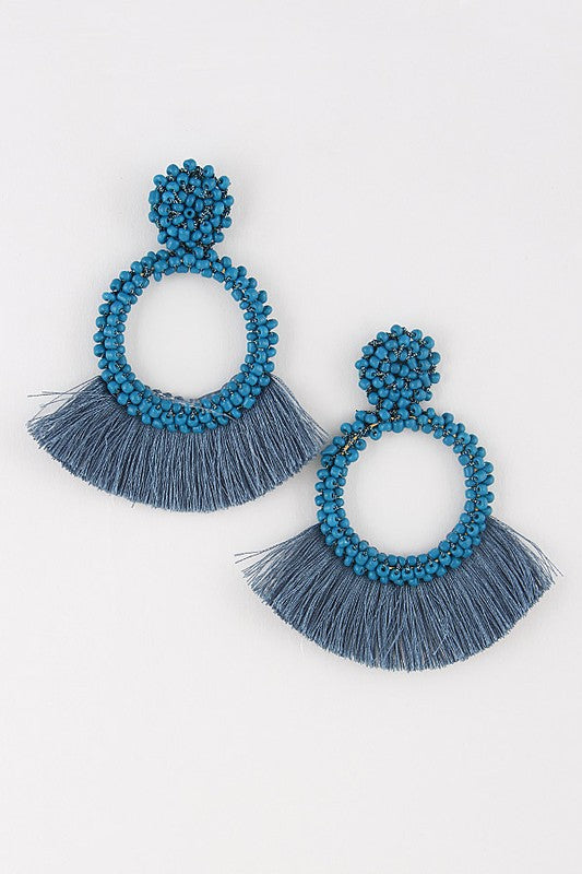 Beaded Fringe Tassel Earrings-Teal