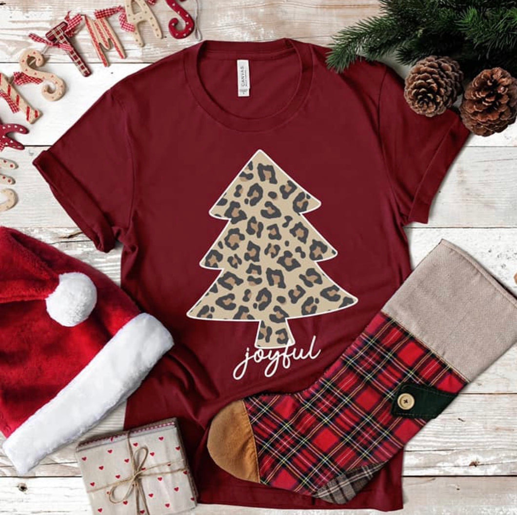 Leopard Christmas Tree Tee-Cardinal