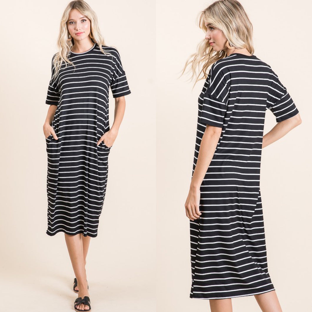 Casual Stripe Midi Dress-Black