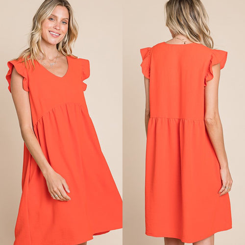 Coral Flutter Sleeve Pocket Dress