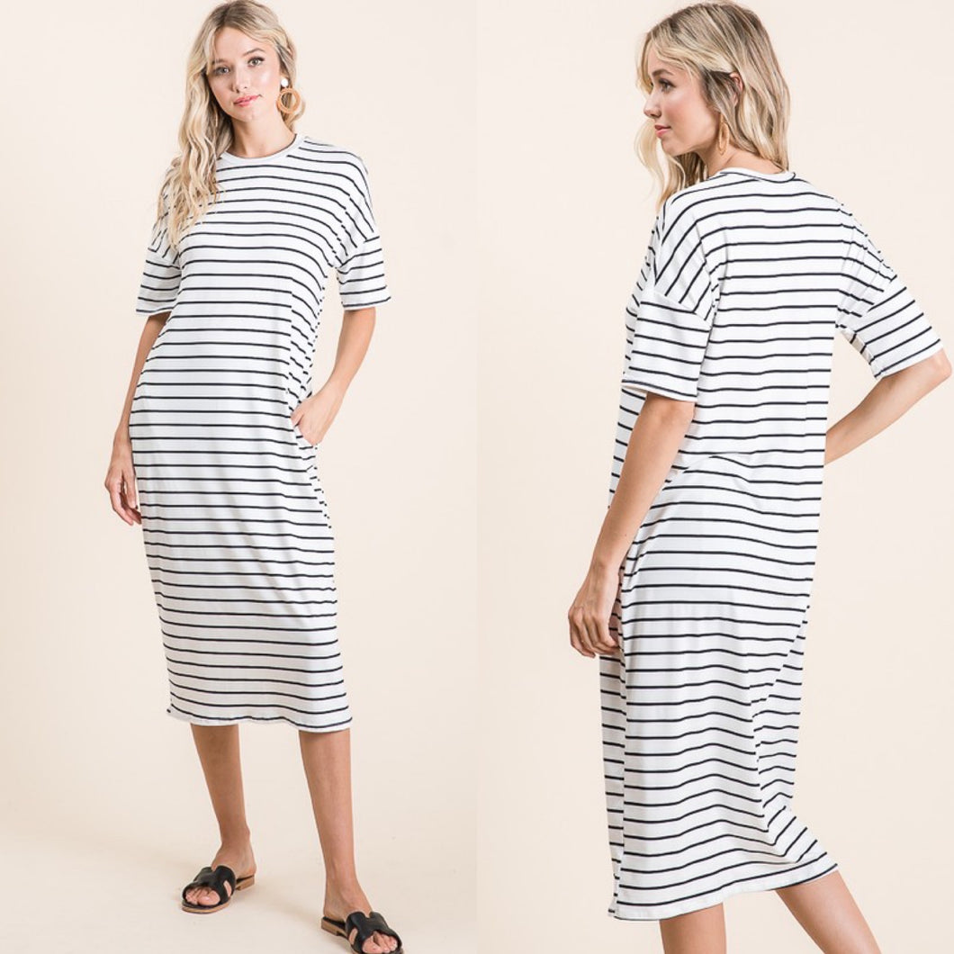 Casual Stripe Midi Dress-Ivory