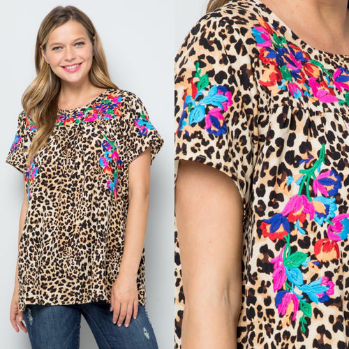 Embroidered Leopard Print Top