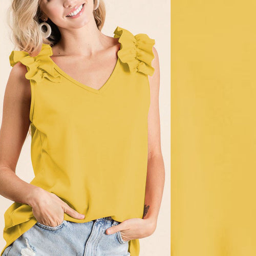 Ruffle V-Neck Sleeveless Top-Honey Mustard