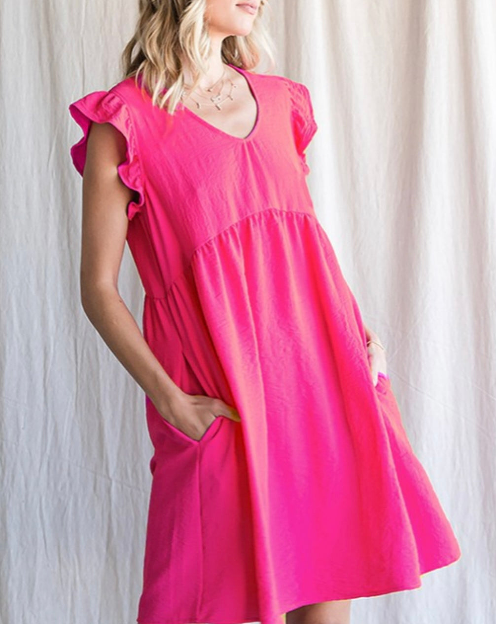 Fuchsia Flutter Sleeve Pocket Dress
