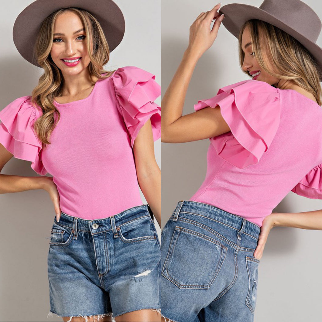 Bubble Gum Ruffle Sleeve Bodysuit