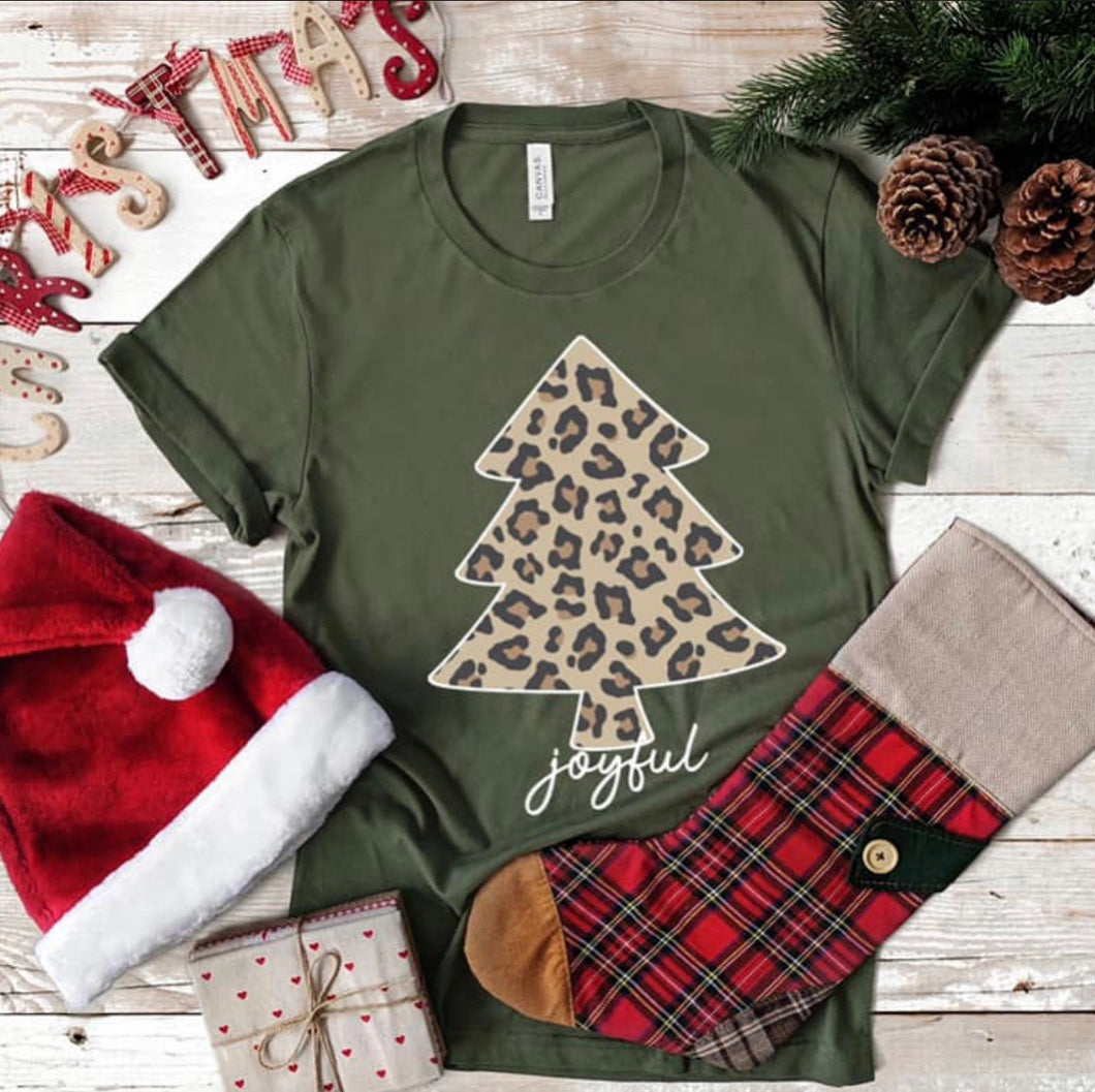 Leopard Christmas Tree Tee-Olive