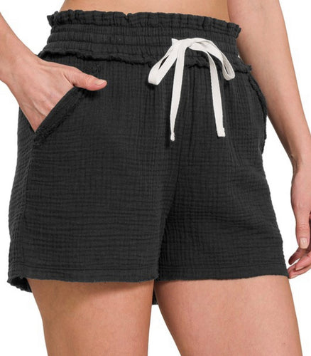 Black Gauze Drawstring Shorts